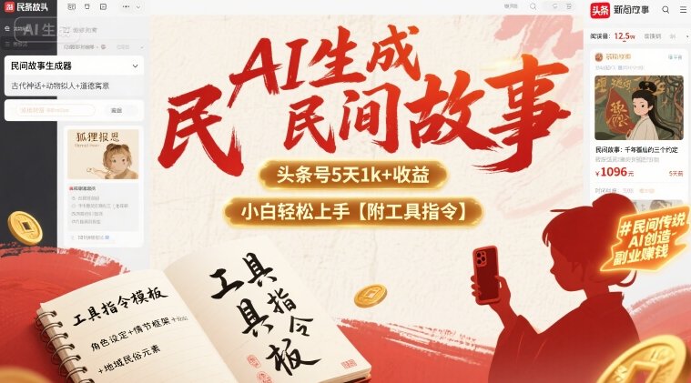 AI生成民间故事，头条号5天1k+，小白轻松上手【附工具指令】-人人创业优云网，国内各种创业项目下载网站