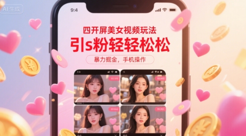 四开屏美女视频玩法，引s粉轻轻松松，暴力掘金，手机操作【揭秘】-人人创业优云网，国内各种创业项目下载网站