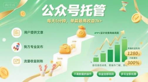 【公众号托管 】我提供文章，你发布，每天5分钟，单篇最高收益1k+【揭秘】-人人创业优云网，国内各种创业项目下载网站