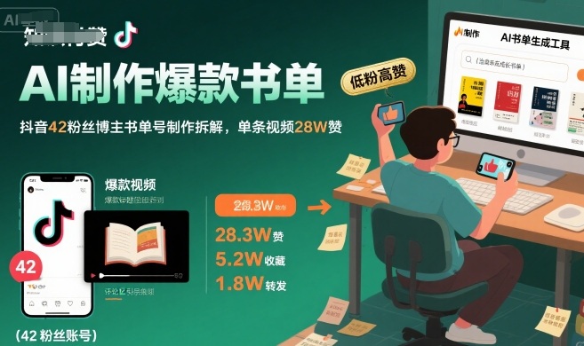 AI制作爆款书单，抖音42粉丝博主书单号制作拆解，单条视频28W赞-人人创业优云网，国内各种创业项目下载网站