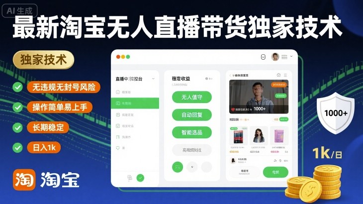 最新淘宝无人直播带货独家技术，无违规无封号风险，操作简单易上手，长期稳定日入1k【揭秘】-人人创业优云网，国内各种创业项目下载网站