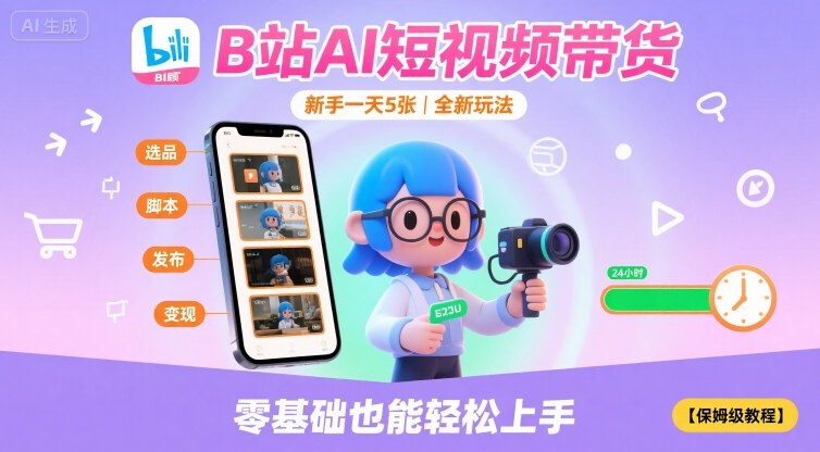 B站AI短视频带货，新手一天5张，全新玩法【保姆级教程】-人人创业优云网，国内各种创业项目下载网站