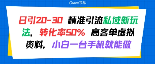 日引 20-30 精准引流私域新玩法，转化率50% 高客单虚拟资料，小白一台手机就能做-人人创业优云网，国内各种创业项目下载网站