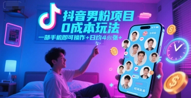 抖音男粉项目0成本玩法，一部手机即可操作，日均4张+，时间自由-人人创业优云网，国内各种创业项目下载网站