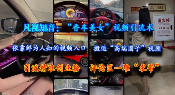 凡视知音：“香车美女”视频引流术，依靠鲜为人知的视频入口，搬运“高端圈子”视频，引流精准创业粉，评论区一堆“求带”-人人创业优云网，国内各种创业项目下载网站