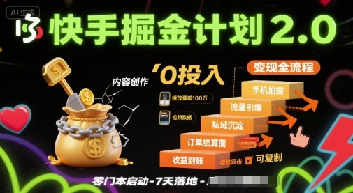 快手掘金计划2.0，快手电商变现全流程，简单可复制，0投入-人人创业优云网，国内各种创业项目下载网站
