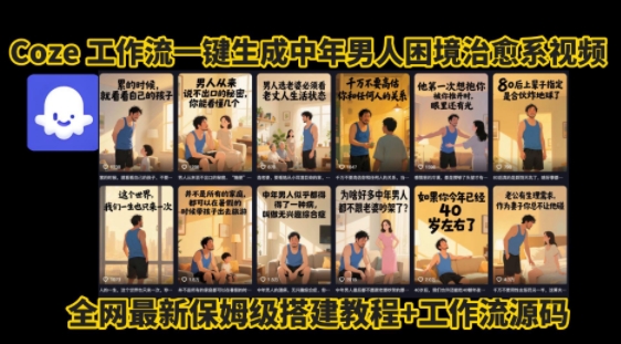 coze工作流一键生成”中年男人困境扎心高涨粉高播放量图文视频”保姆级拆解教程，无需剪辑，无需拍摄写文案-人人创业优云网，国内各种创业项目下载网站
