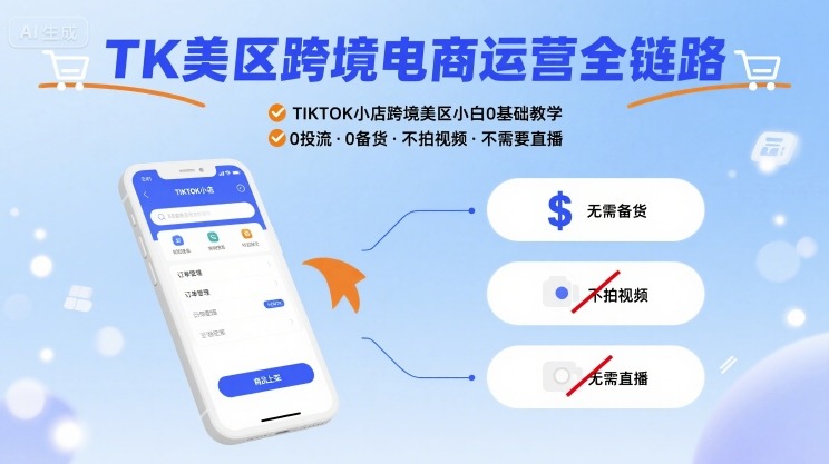 TK美区跨境电商运营全链路，TIKTOK小店跨境美区小白0基础教学，0投流0备货不拍视频不需要直播-人人创业优云网，国内各种创业项目下载网站