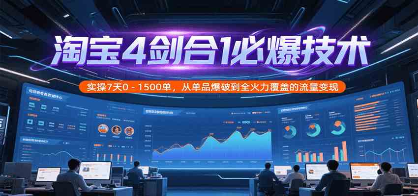 淘宝4剑合1必爆技术，实操7天0-1500单，从单品爆破到全火力覆盖的流量变现-人人创业优云网，国内各种创业项目下载网站