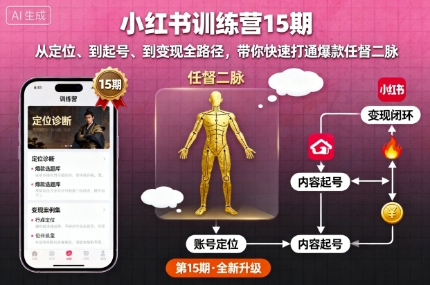 小红书训练营15期，从定位、到起号、到变现全路径，带你快速打通爆款任督二脉-人人创业优云网，国内各种创业项目下载网站