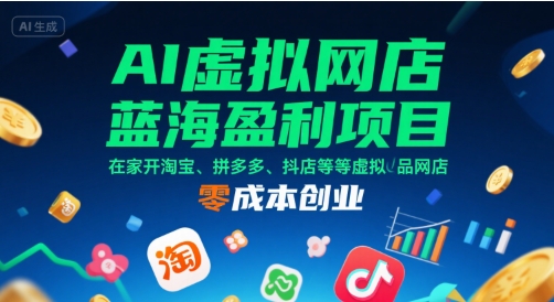 AI虚拟网店蓝海盈利项目，在家开淘宝、拼多多、抖店等虚拟品网店，零成本创业-人人创业优云网，国内各种创业项目下载网站