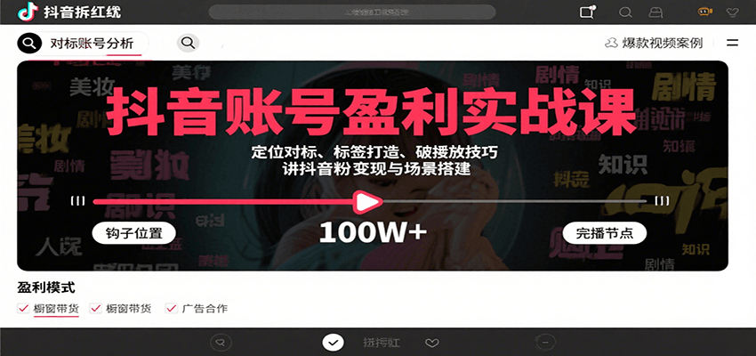 抖音账号盈利实战课，定位对标、标签打造、破播放技巧，讲涨粉变现与场景搭建-人人创业优云网，国内各种创业项目下载网站