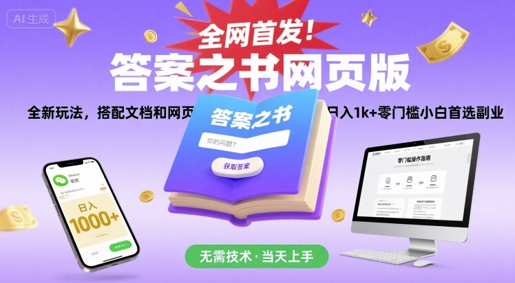 全网首发！答案之书网页版，全新玩法，搭配文档和网页，日入1k+零门槛小白首选副业【揭秘】-人人创业优云网，国内各种创业项目下载网站