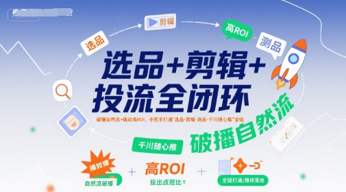 选品+剪辑+投流全闭环，破播自然流+撬动高ROI，手把手打通“选品-剪辑-测品-千川随心推”全链-人人创业优云网，国内各种创业项目下载网站