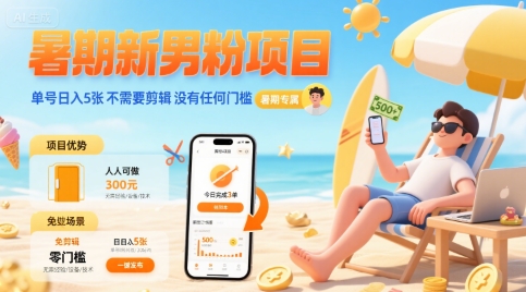 暑期新男粉项目 单号日入5张 不需要剪辑 没有任何门槛-人人创业优云网，国内各种创业项目下载网站