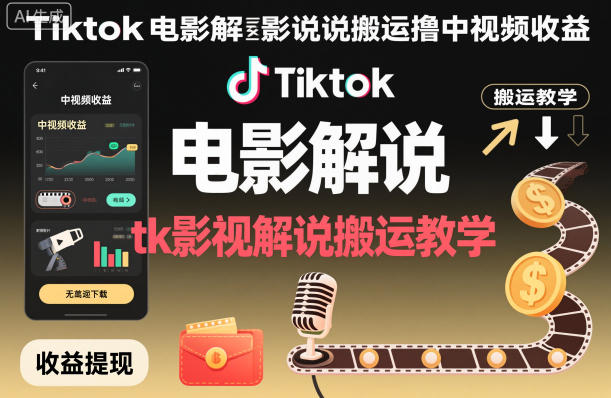 Tiktok电影解说搬运撸中视频收益，tk影视解说搬运教学-人人创业优云网，国内各种创业项目下载网站