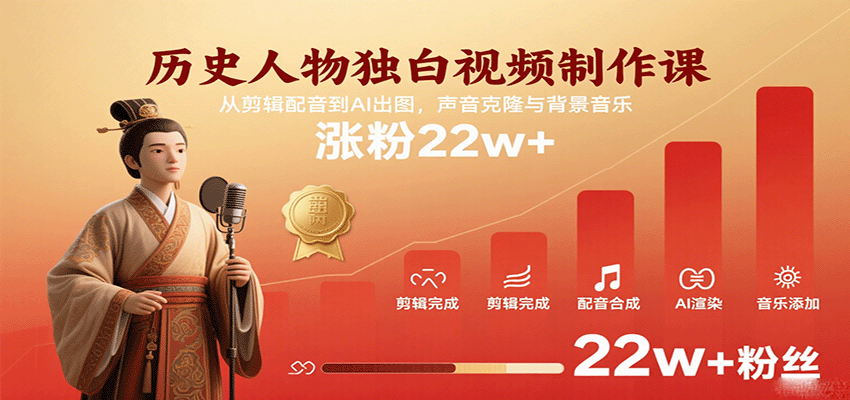 历史人物独白视频制作课，从剪辑配音到AI出图，声音克隆与背景音乐，涨粉22w+-人人创业优云网，国内各种创业项目下载网站