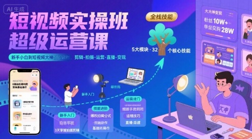 短视频实操班超级运营课，新手小白到短视频大神必修课程，剪辑-拍摄-运营-直播-变现-人人创业优云网，国内各种创业项目下载网站