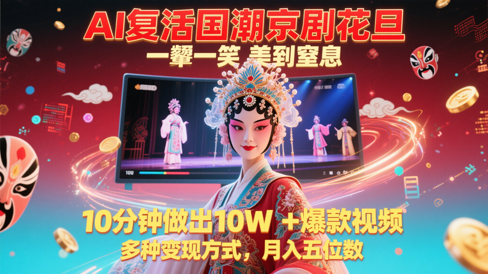 AI复活国潮京剧花旦，一颦一笑美到窒息，10分钟做出10W+爆款视频，多种变现方式，…-人人创业优云网，国内各种创业项目下载网站