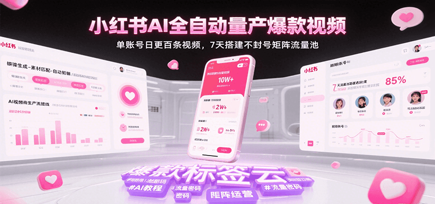 小红书AI全自动量产爆款视频，单账号日更百条视频，7天搭建不封号矩阵流量池-人人创业优云网，国内各种创业项目下载网站
