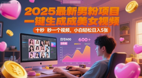 2025最新男粉项目，一键生成美女视频，日引600+色粉 十秒一个视频，小白轻松日入5张【揭秘】-人人创业优云网，国内各种创业项目下载网站
