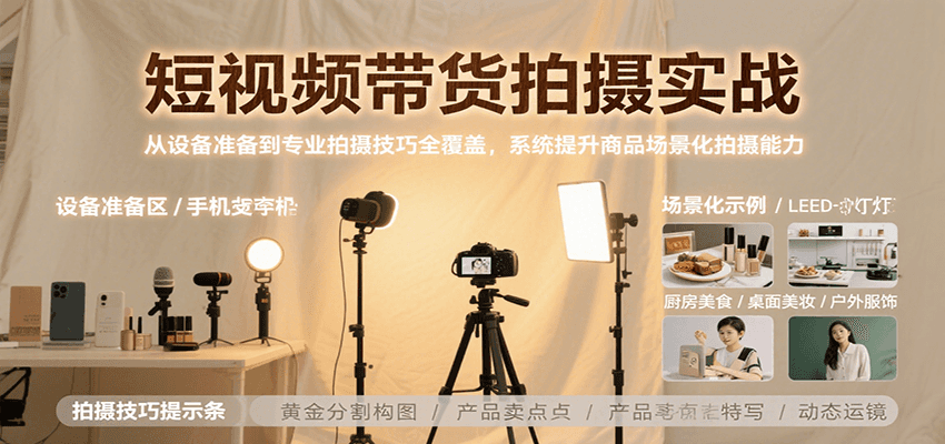 短视频带货拍摄实战，从设备准备到专业拍摄技巧全覆盖，系统提升商品场景化拍摄能力-人人创业优云网，国内各种创业项目下载网站