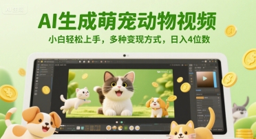 AI生成萌宠动物视频，小白轻松上手，多种变现方式，日入4位数-人人创业优云网，国内各种创业项目下载网站