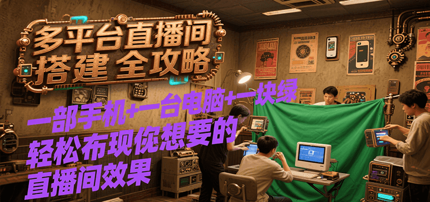 多平台直播间搭建全攻略，一部手机+一台电脑+一块绿布轻松实现你想要的直播间效果-人人创业优云网，国内各种创业项目下载网站