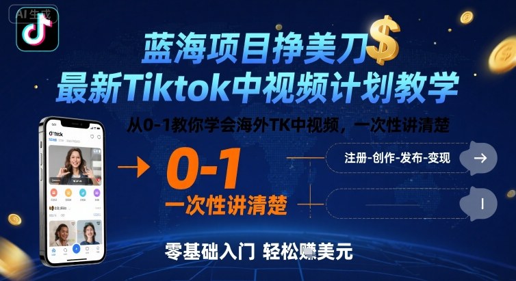 蓝海项目挣美刀，最新Tiktok中视频计划教学，从0-1教你学会海外TK中视频，一次性讲清楚-人人创业优云网，国内各种创业项目下载网站