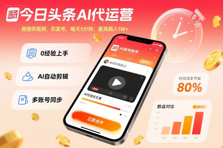 今日头条AI代运营，我提供视频，你发布，每天5分钟，最高躺入1W+【揭秘】-人人创业优云网，国内各种创业项目下载网站