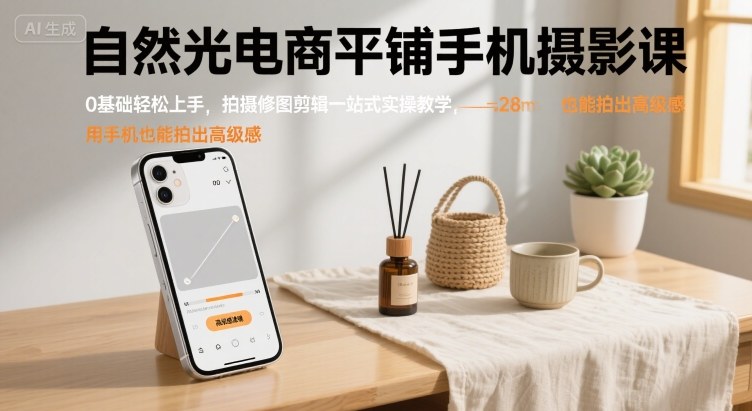 自然光电商平铺手机摄影课，0基础轻松上手，拍摄修图剪辑一站式实操教学，用手机也能拍出高级感-人人创业优云网，国内各种创业项目下载网站