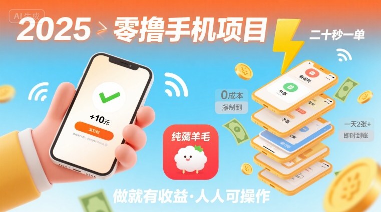 2025年零撸手机项目，二十秒一单，纯薅羊毛 一天2张+做就有-人人创业优云网，国内各种创业项目下载网站