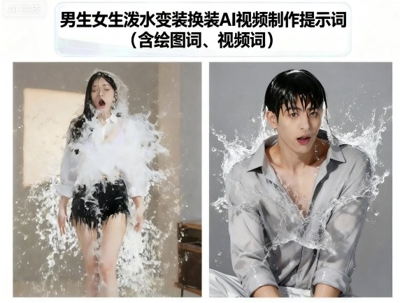 男生女生泼水变装换装AI视频制作提示词(含绘图词、视频词)-人人创业优云网，国内各种创业项目下载网站