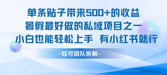 单条贴子带来5张的收益，暑假最好做的私域项目之一，小白也能轻松上手，有小红书就行-人人创业优云网，国内各种创业项目下载网站