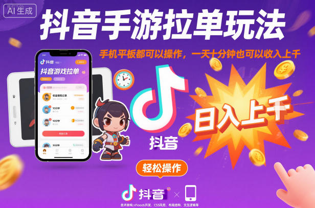 抖音手游拉单玩法，手机平板都可以操作，一天十分钟也可以收入上K【揭秘】-人人创业优云网，国内各种创业项目下载网站