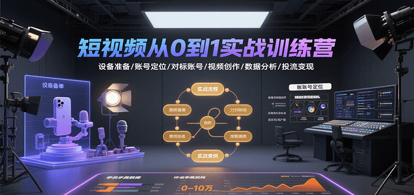 短视频从0到1实战训练营：设备准备/账号定位/对标账号/视频创作/数据分析/投流变现-人人创业优云网，国内各种创业项目下载网站