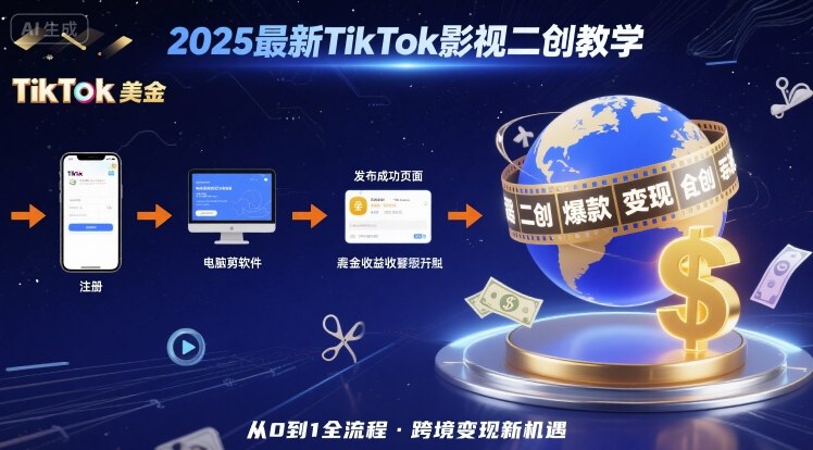 2025年最新TikTok影视二创教学，从注册到发布撸美金全流程，跨境变现新机遇-人人创业优云网，国内各种创业项目下载网站