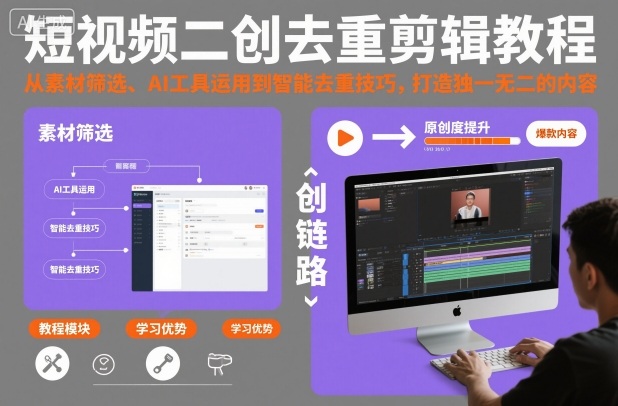 短视频二创去重剪辑教程，从素材筛选、AI工具运用到智能去重技巧，打造独一无二的内容-人人创业优云网，国内各种创业项目下载网站