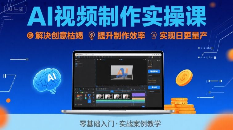 Ai视频制作实操课，解决创意枯竭、效率低下痛点，实现日更量产可持续变现-人人创业优云网，国内各种创业项目下载网站