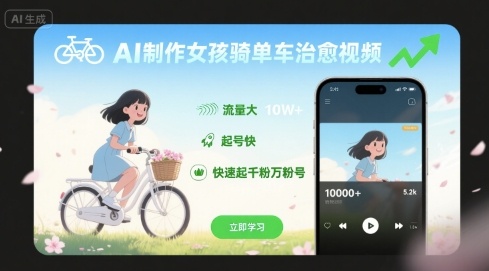AI制作女孩骑单车治愈视频，流量大，起号快，快速起千粉万粉号-人人创业优云网，国内各种创业项目下载网站