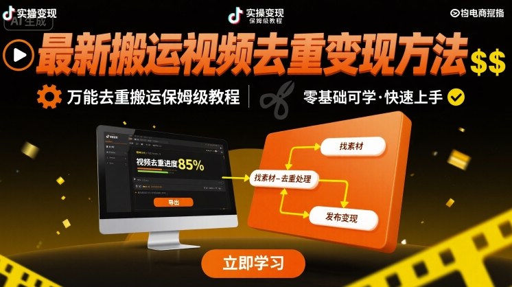 最新搬运视频去重变现方法，万能去重搬运保姆级教程-人人创业优云网，国内各种创业项目下载网站