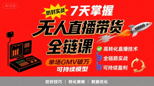 无人直播带货全链防封实战课，7天掌握高转化直播技术，实现单场GMV破万可持续模型-人人创业优云网，国内各种创业项目下载网站