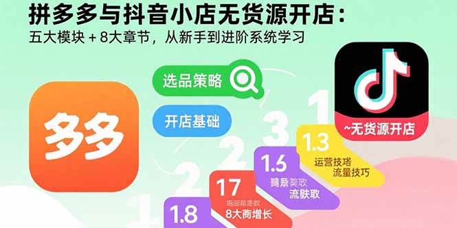 （15805期）拼多多与抖音小店无货源开店：五大模块+8大章节，从新手到进阶系统学习-人人创业优云网，国内各种创业项目下载网站