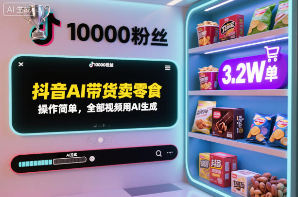 抖音AI带货卖零食，操作简单，全部视频用AI生成，一万粉丝，卖了3.2W单-人人创业优云网，国内各种创业项目下载网站