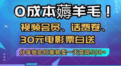 0成本薅羊毛!视频会员、话费卷、30元电影票白送，分享我如何靠转卖一天变现5张+【揭秘】-人人创业优云网，国内各种创业项目下载网站