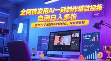 全网首发用AI一键制作爆款视频，自测日入多张，适合大学生宝妈兼职创业，保姆级教程-人人创业优云网，国内各种创业项目下载网站