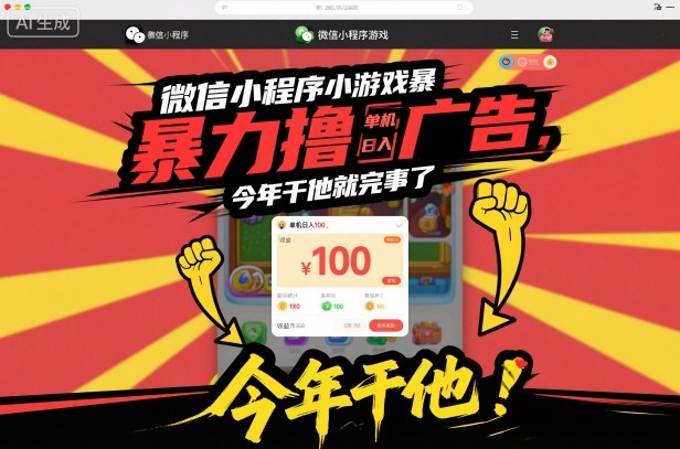 微信小程序小游戏暴力撸广告，单机日入100，今年干他就完事了-人人创业优云网，国内各种创业项目下载网站