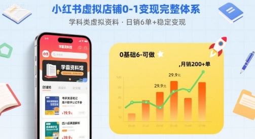 小红书虚拟店铺0-1变现完整体系：卖学科类虚拟资料，一天6张+，很稳定【已完结】-人人创业优云网，国内各种创业项目下载网站