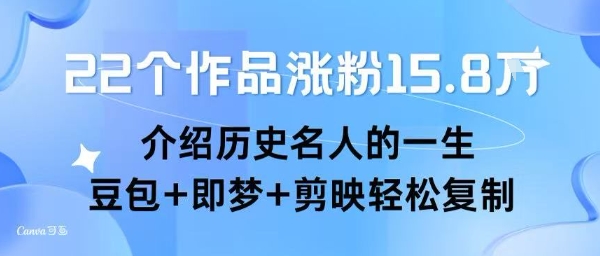 22个作品涨粉15.8W ，介绍历史名人的一生 ， 豆包+即梦+剪映轻松复制-人人创业优云网，国内各种创业项目下载网站