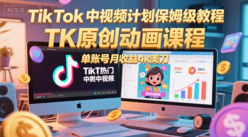 TikTok中视频计划保姆级教程，TK原创动画课程，单账号月收益4k美刀-人人创业优云网，国内各种创业项目下载网站